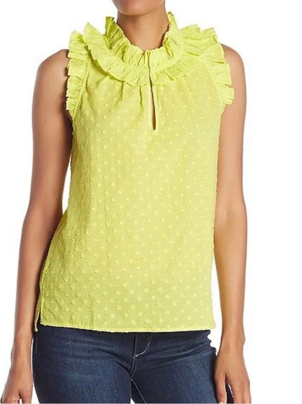 J Crew Bright Citrus Yellow Parquet Swiss Dot Sleeveless Ruffle Neck Top Size 6